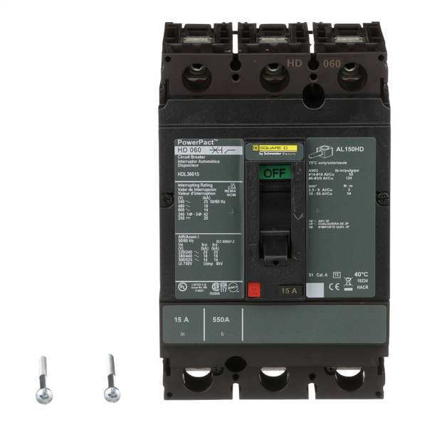 Molded Case Circuit Breaker, 15 A, 600V AC, 3 Pole, Free Standing Mounting Style, HD Series
