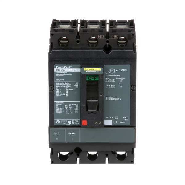 Molded Case Circuit Breaker, 20 A, 600V AC, 3 Pole, Free Standing Mounting Style, HD Series