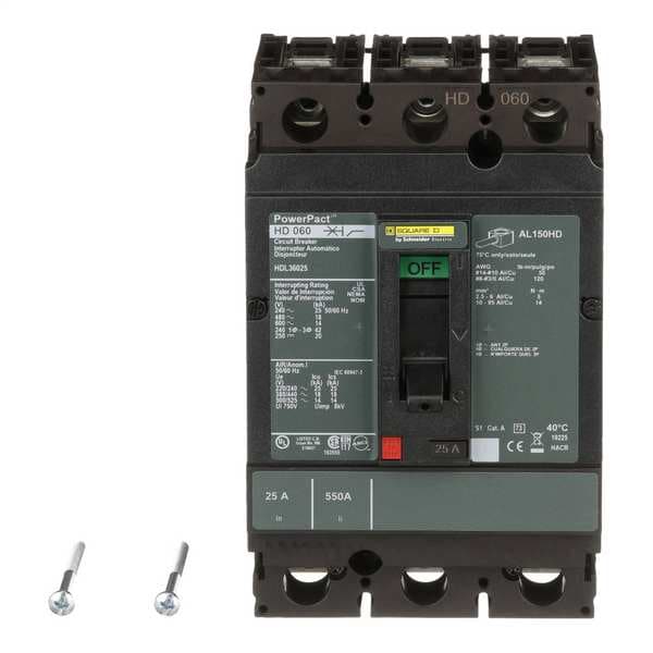 Molded Case Circuit Breaker, 25 A, 600V AC, 3 Pole, Free Standing Mounting Style, HD Series
