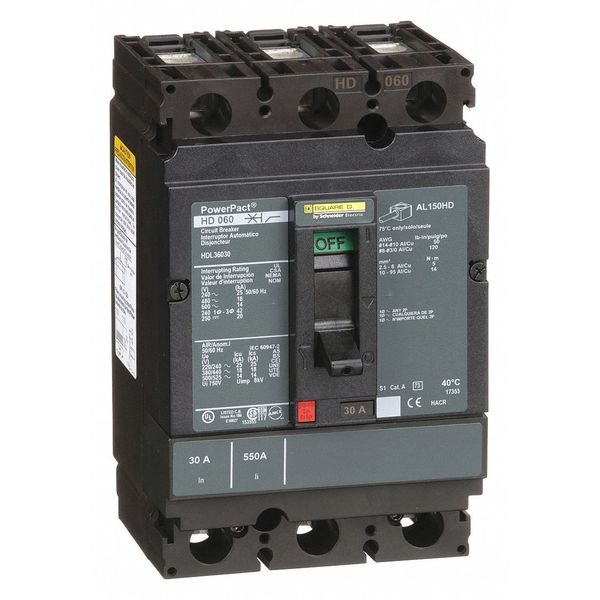 Molded Case Circuit Breaker, 30 A, 600V AC, 3 Pole, Free Standing Mounting Style, HD Series