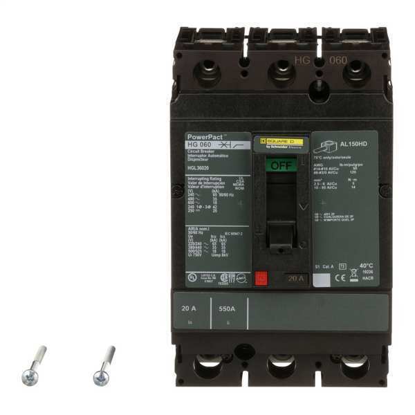 Molded Case Circuit Breaker, 20 A, 600V AC, 3 Pole, Free Standing Mounting Style, HG Series