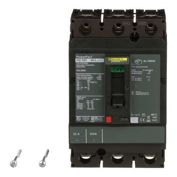 Molded Case Circuit Breaker, 25 A, 600V AC, 3 Pole, Free Standing Mounting Style, HG Series