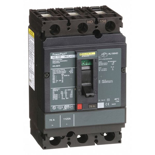 Molded Case Circuit Breaker, 70 A, 600V AC, 3 Pole, Free Standing Mounting Style, HD Series