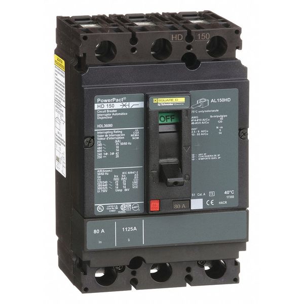 Molded Case Circuit Breaker, 80 A, 600V AC, 3 Pole, Free Standing Mounting Style, HD Series