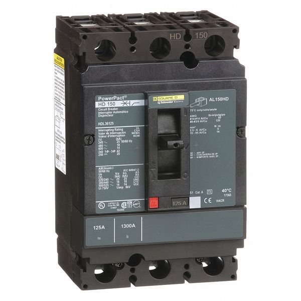 Molded Case Circuit Breaker, 125 A, 600V AC, 3 Pole, Free Standing Mounting Style, HD Series