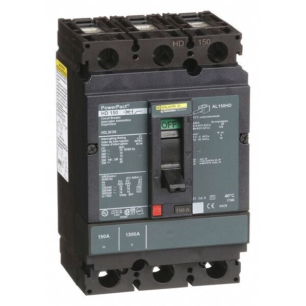 Molded Case Circuit Breaker, 150 A, 600V AC, 3 Pole, Free Standing Mounting Style, HD Series