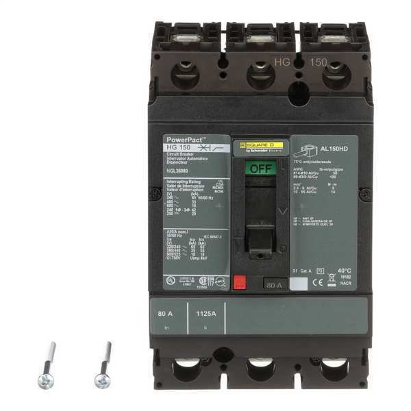 Molded Case Circuit Breaker, 80 A, 600V AC, 3 Pole, Free Standing Mounting Style, HG Series