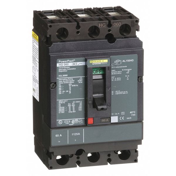Molded Case Circuit Breaker, 60 A, 600V AC, 3 Pole, Free Standing Mounting Style, HG Series