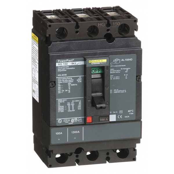 Molded Case Circuit Breaker, 100 A, 600V AC, 3 Pole, Free Standing Mounting Style, HG Series