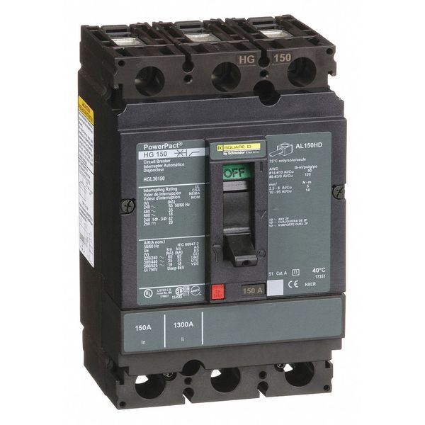 Molded Case Circuit Breaker, 150 A, 600V AC, 3 Pole, Free Standing Mounting Style, HG Series