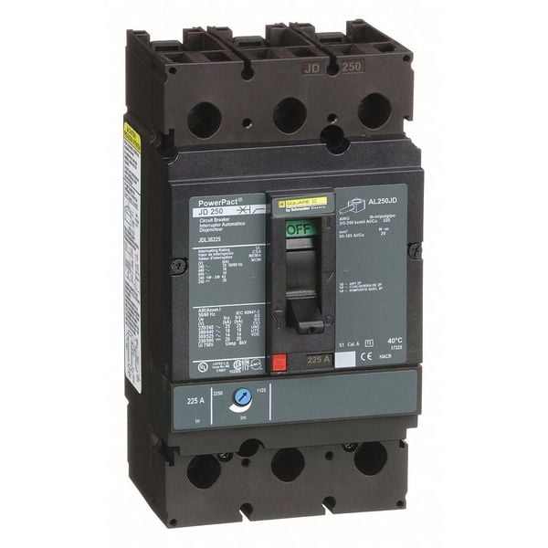 Molded Case Circuit Breaker, 225 A, 600V AC, 3 Pole, Free Standing Mounting Style, JD Series