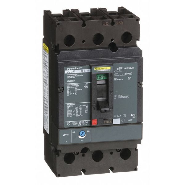 Molded Case Circuit Breaker, 250 A, 600V AC, 3 Pole, Free Standing Mounting Style, JD Series