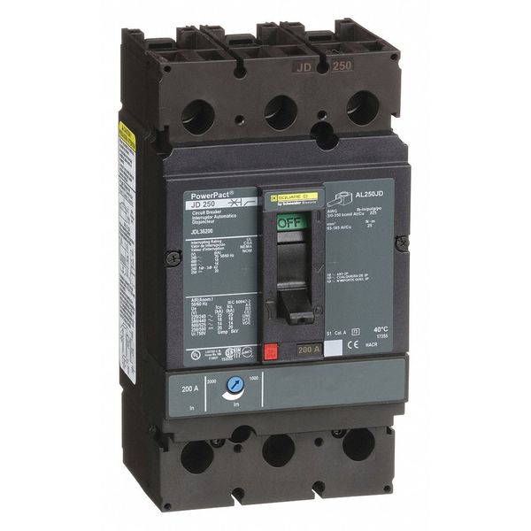 Molded Case Circuit Breaker, 200 A, 600V AC, 3 Pole, Free Standing Mounting Style, JD Series