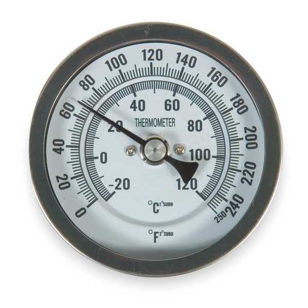 Bimetal Thermom, 3 In Dial, 0 to 250F, Stem Length: 2 1/2 in