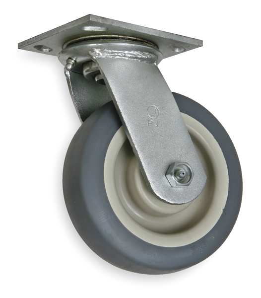 Swivel Plate Caster, Therm Rubber, 6 in, 450 lb, Gry