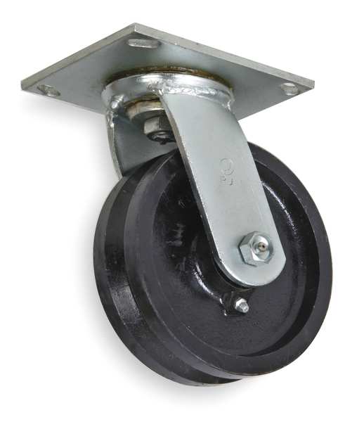 V-Groove Swivel Caster, Cast Iron, 4 in, 800 lb, Blk
