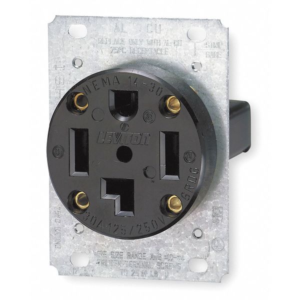 Receptacle, 30 A Amps, 125/250VAC, Flush Mount, Single Outlet, 14-30R, Black