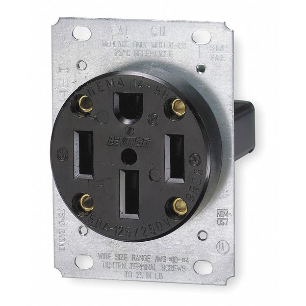 Receptacle, 50 A Amps, 125/250VAC, Flush Mount, Single Outlet, 14-50R, Black