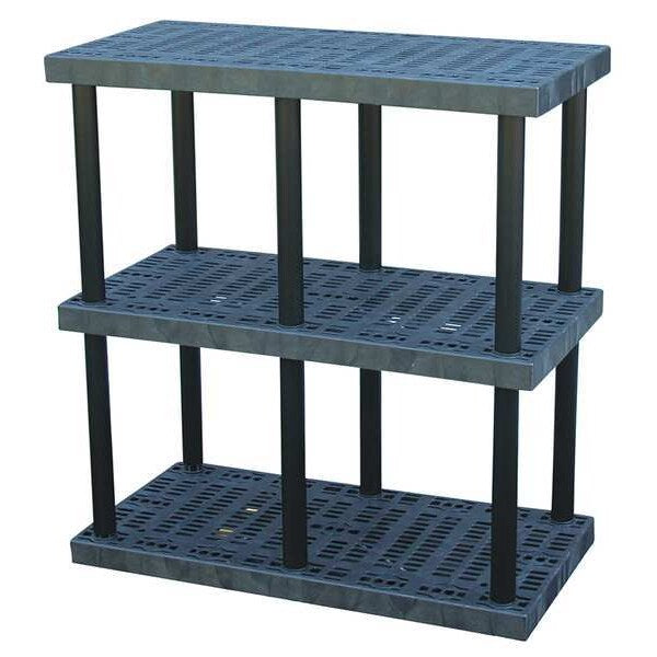 Freestanding Plastic Shelving Unit, Open Style, 24 in D, 48 in W, 51 in H, 3 Shelves, Black