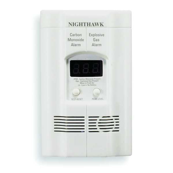 Carbon Monoxide and Gas Alarm, Electrochemical Sensor, 85 dB @ 10 ft Audible Alert, 120V AC, 9V