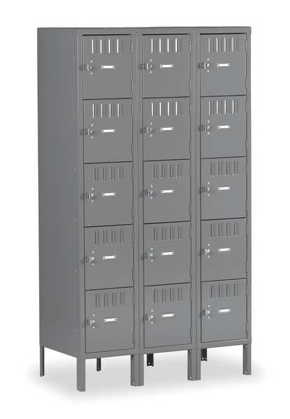 Box Locker, 36 in W, 15 in D, 66 in H, (3) Wide, (15) Openings, Gray
