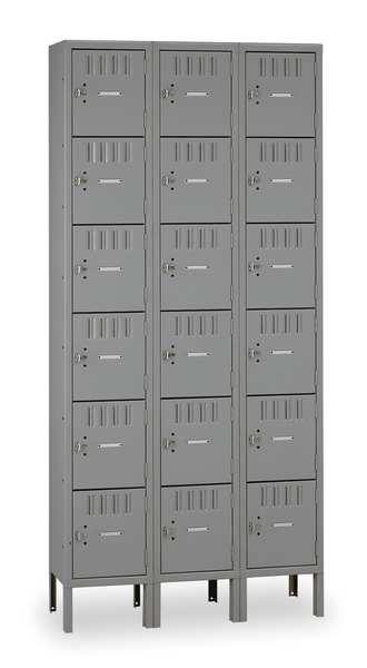 Box Locker, 36 in W, 15 in D, 78 in H, (3) Wide, (18) Openings, Gray