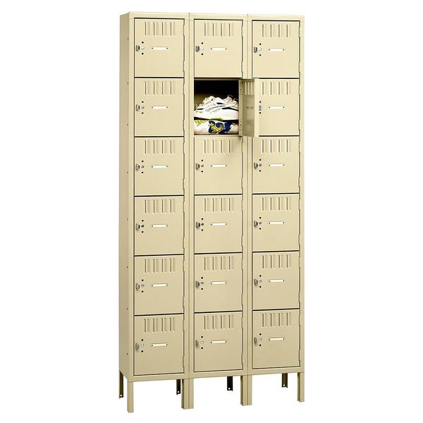 Box Locker, 36 in W, 12 in D, 78 in H, (3) Wide, (18) Openings, Sand