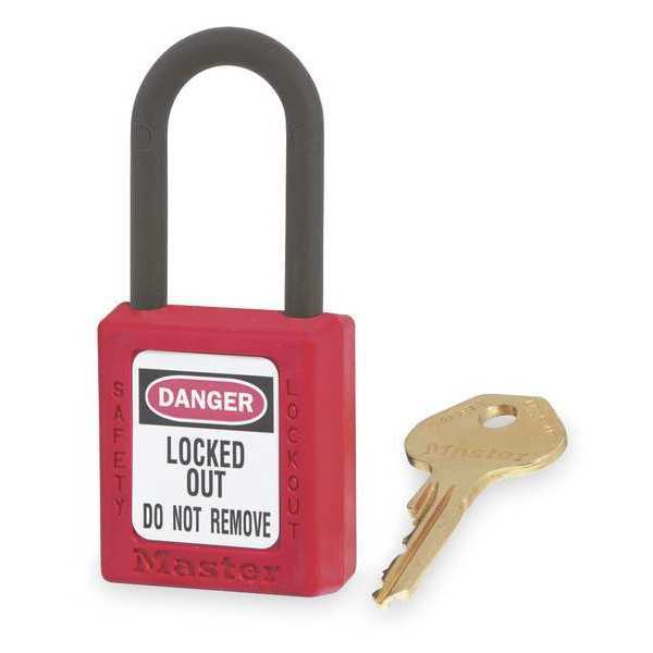 Lockout Padlock, Keyed Different, Thermoplastic, 1 1/2 in Shackle, Polypropylene, English, Red