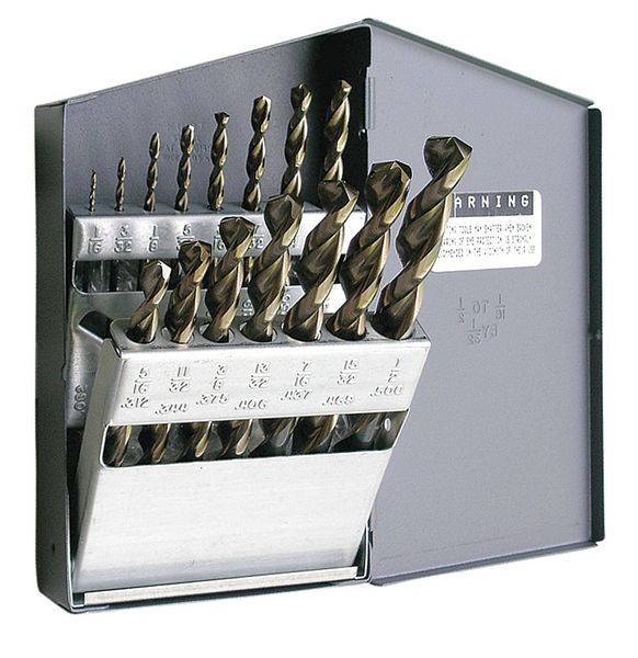 15PC 135Â° Heavy-Duty Parabolic Jobber Dril Set Cle-Line 1872 Black & Gold HSS 1/16-1/2x1/32