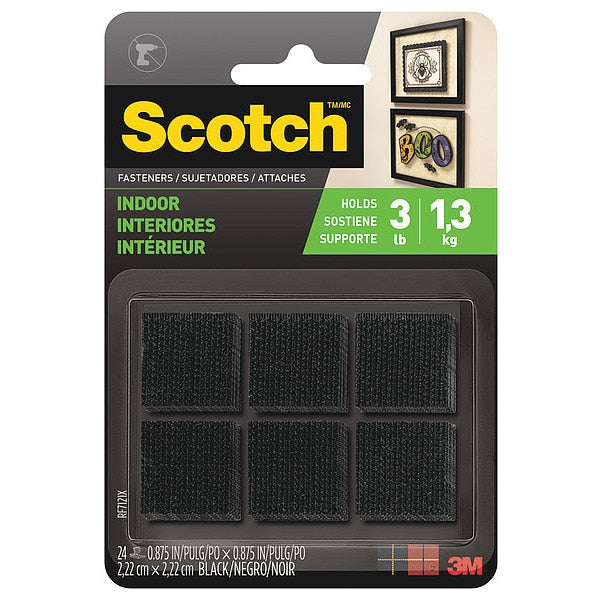 Reclosable Fastener Shape, Square, Acrylic Adhesive, 7/8 in, 7/8 in Wd, Black, 24 PK