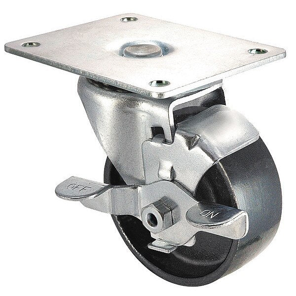 Swivel Plate Caster, Cast Iron, 4 in, 450 lb, Blk