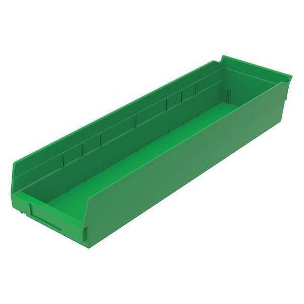 Shelf Storage Bin, Green, Plastic, 23 5/8 in L x 6 5/8 in W x 4 in H, 20 lb Load Capacity