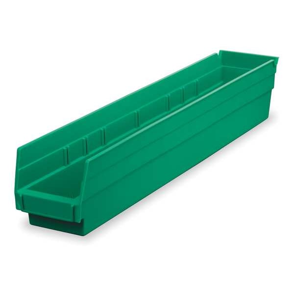 Shelf Storage Bin, Green, Plastic, 17 7/8 in L x 4 1/8 in W x 4 in H, 15 lb Load Capacity