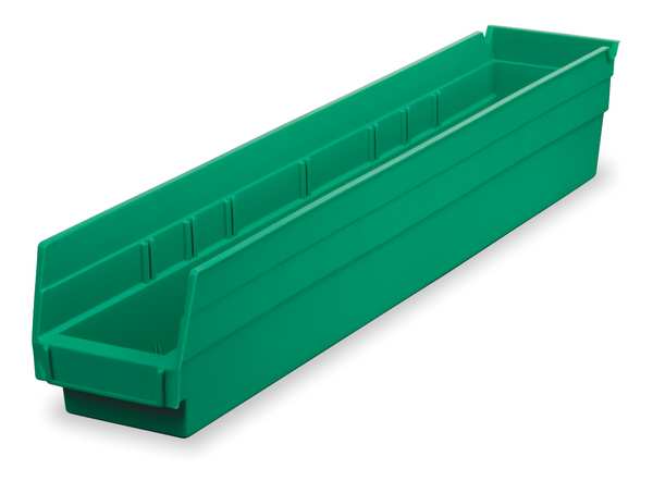Shelf Storage Bin, Green, Plastic, 23 5/8 in L x 4 1/8 in W x 4 in H, 20 lb Load Capacity