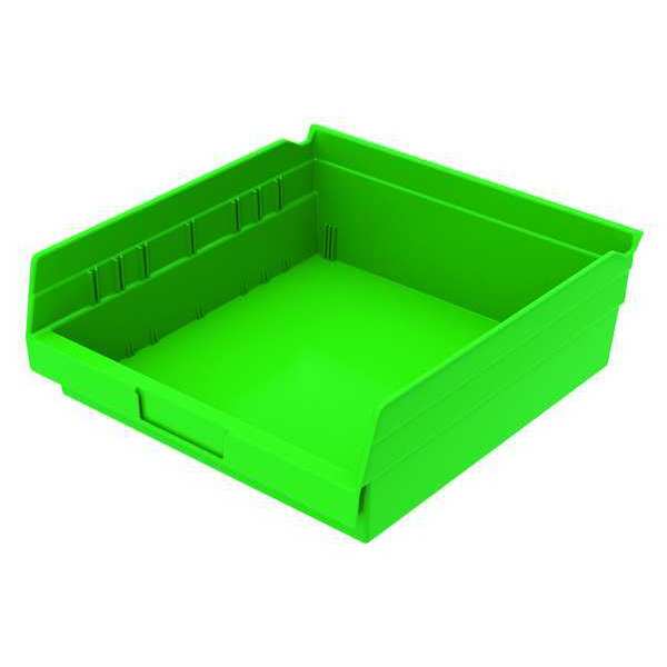 Shelf Storage Bin, Green, Plastic, 11 5/8 in L x 11 1/8 in W x 4 in H, 20 lb Load Capacity