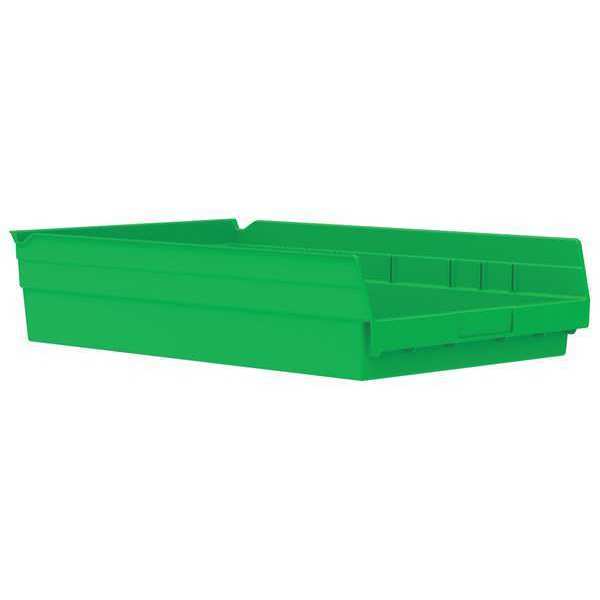 Shelf Storage Bin, Green, Plastic, 17 7/8 in L x 11 1/8 in W x 4 in H, 20 lb Load Capacity