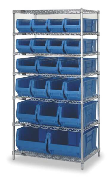 Steel, Polypropylene Bin Shelving, 36 in W x 74 in H x 24 in D, 7 Shelves, Blue