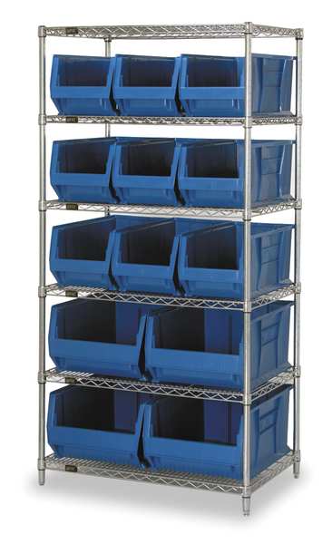 Steel, Polypropylene Bin Shelving, 36 in W x 74 in H x 30 in D, 6 Shelves, Blue