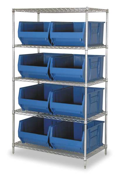 Chrome Wire Bin Shelving, 42 in W x 74 in H x 30 in D, 5 Shelves, Silver/Blue