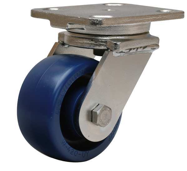 Plate Caster, Swivel, Poly, 4 in., 750 lb., Blu