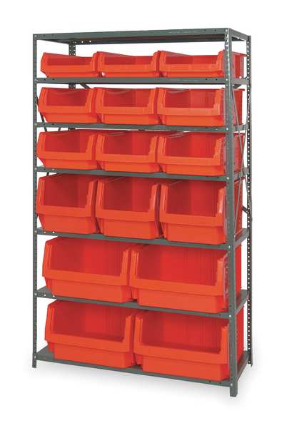 Steel Bin Shelving, 42 in W x 75 in H x 18 in D, 7 Shelves, Gray/Red