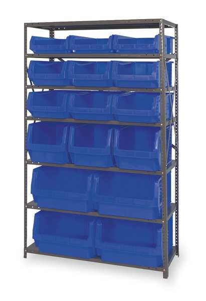 Steel Bin Shelving, 42 in W x 75 in H x 18 in D, 7 Shelves, Gray/Blue