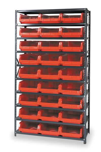 Steel Bin Shelving, 42 in W x 75 in H x 18 in D, 10 Shelves, Gray/Red