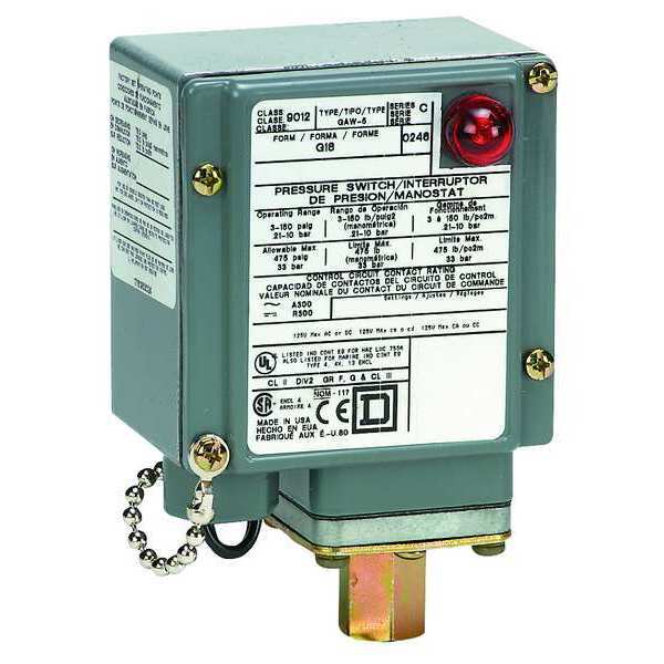 Pressure Switch, (1) Port, 1/4-18 in FNPT, SPDT, 3 to 150 psi, Standard Action