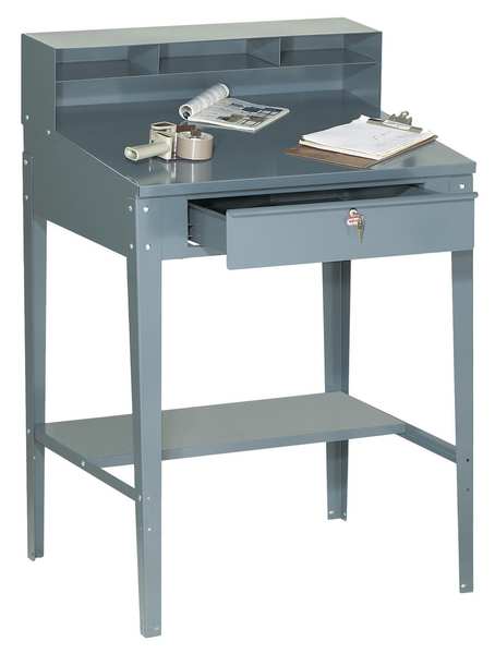 Stationary Shop Desk, 1 Drawer, 1 Cabinet, Gray, 34 1/2 in W x 45 1/8 in D x 30 In H