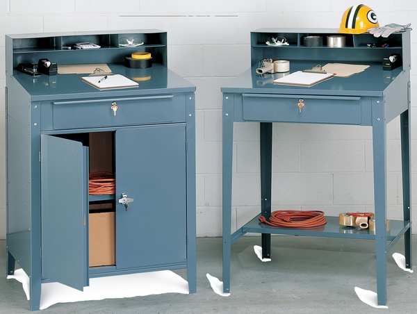 Stationary Shop Desk, 1 Drawer, 1 Cabinet, Gray, 34 1/2 in W x 45 1/8 in D x 30 In H