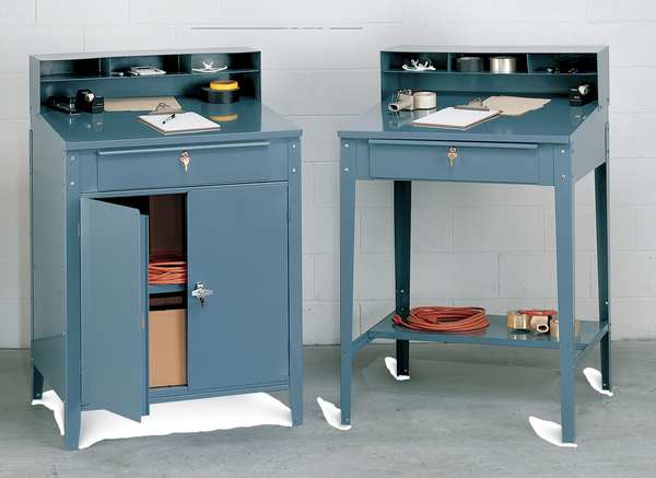 Stationary Shop Desk, 1 Drawer, 1 Cabinet, Gray, 34 1/2 in W x 45 1/8 in D x 30 In H