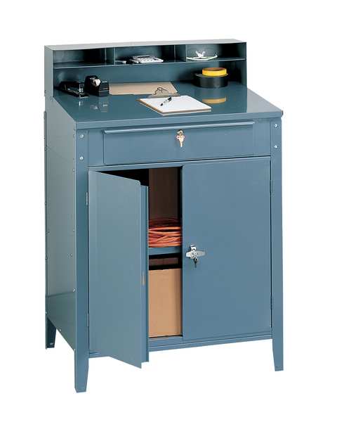 Stationary Shop Desk, 1 Drawer, 1 Cabinet, Gray, 34 1/2 in W x 45 1/8 in D x 30 In H