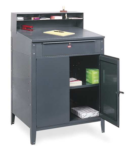 Stationary Shop Desk, 1 Drawer, 1 Cabinet, Gray, 34 1/2 in W x 45 1/8 in D x 30 In H