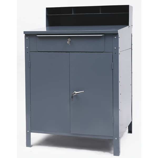Stationary Shop Desk, 1 Drawer, 1 Cabinet, Gray, 34 1/2 in W x 45 1/8 in D x 30 In H